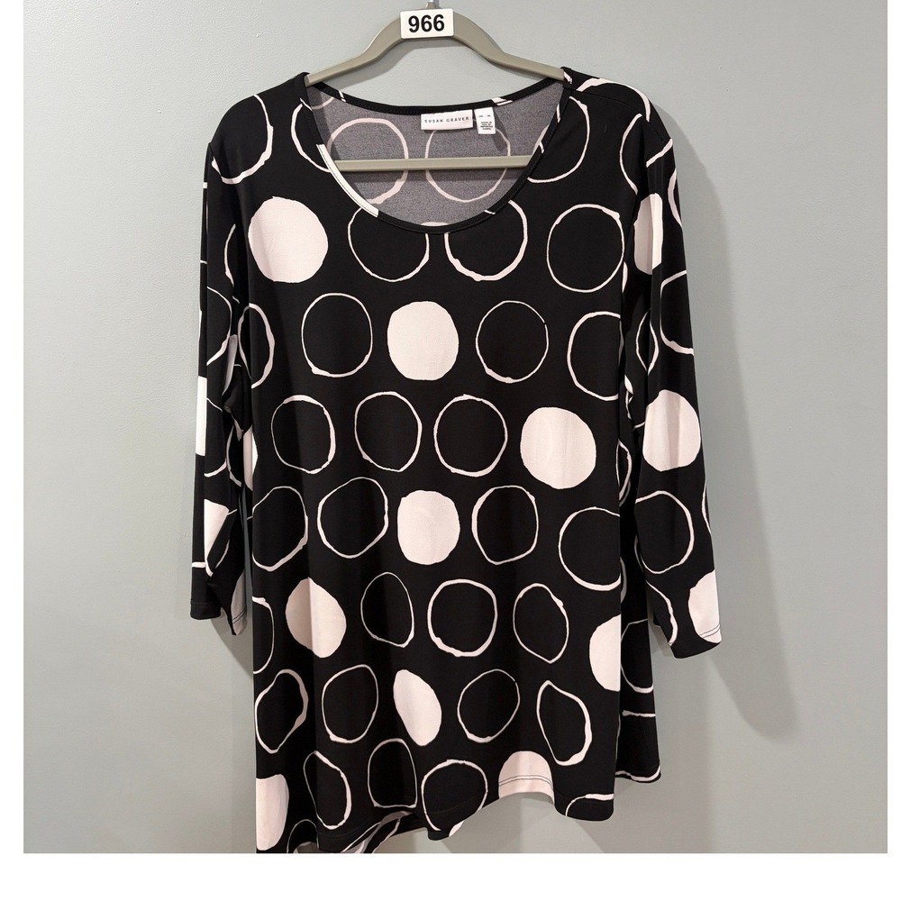 Susan Graver Liquid Knit Black White Circle Print Asymmetrical Tunic Top XL
